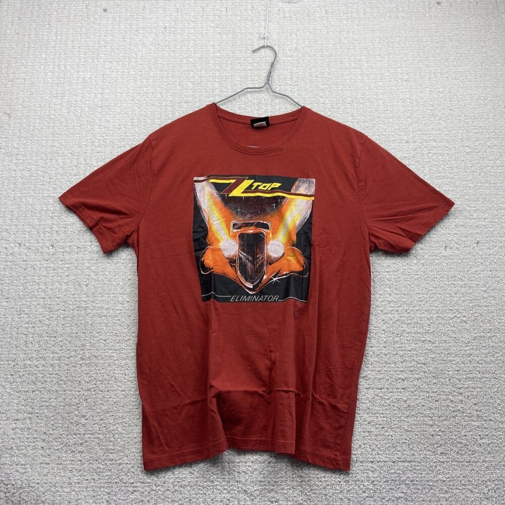 ZZ Top Shirt Eliminator Men Sz L Rock Band Music Group Orange Graphic Tee